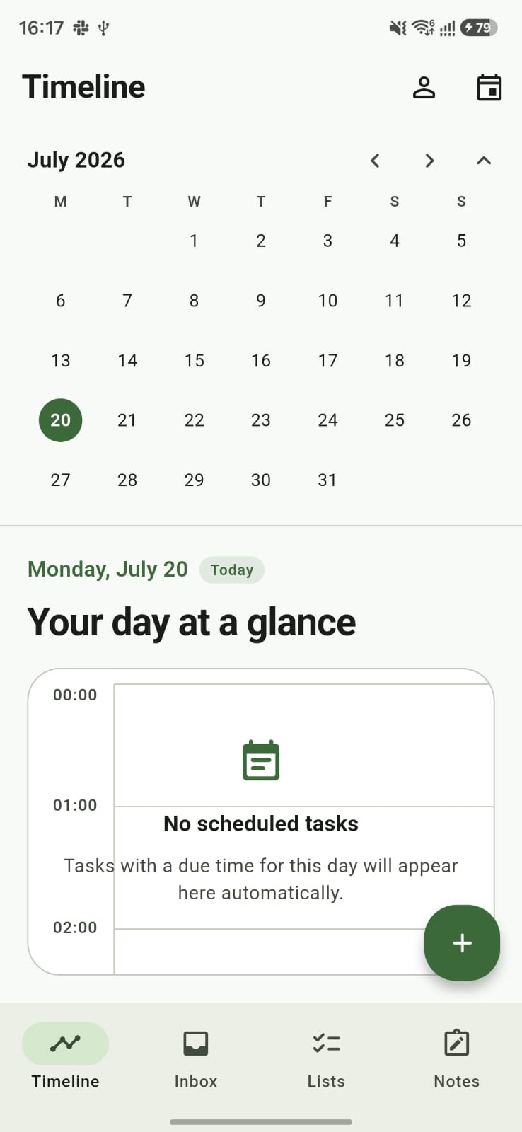 Noted Timeline View showing daily schedule and tasks